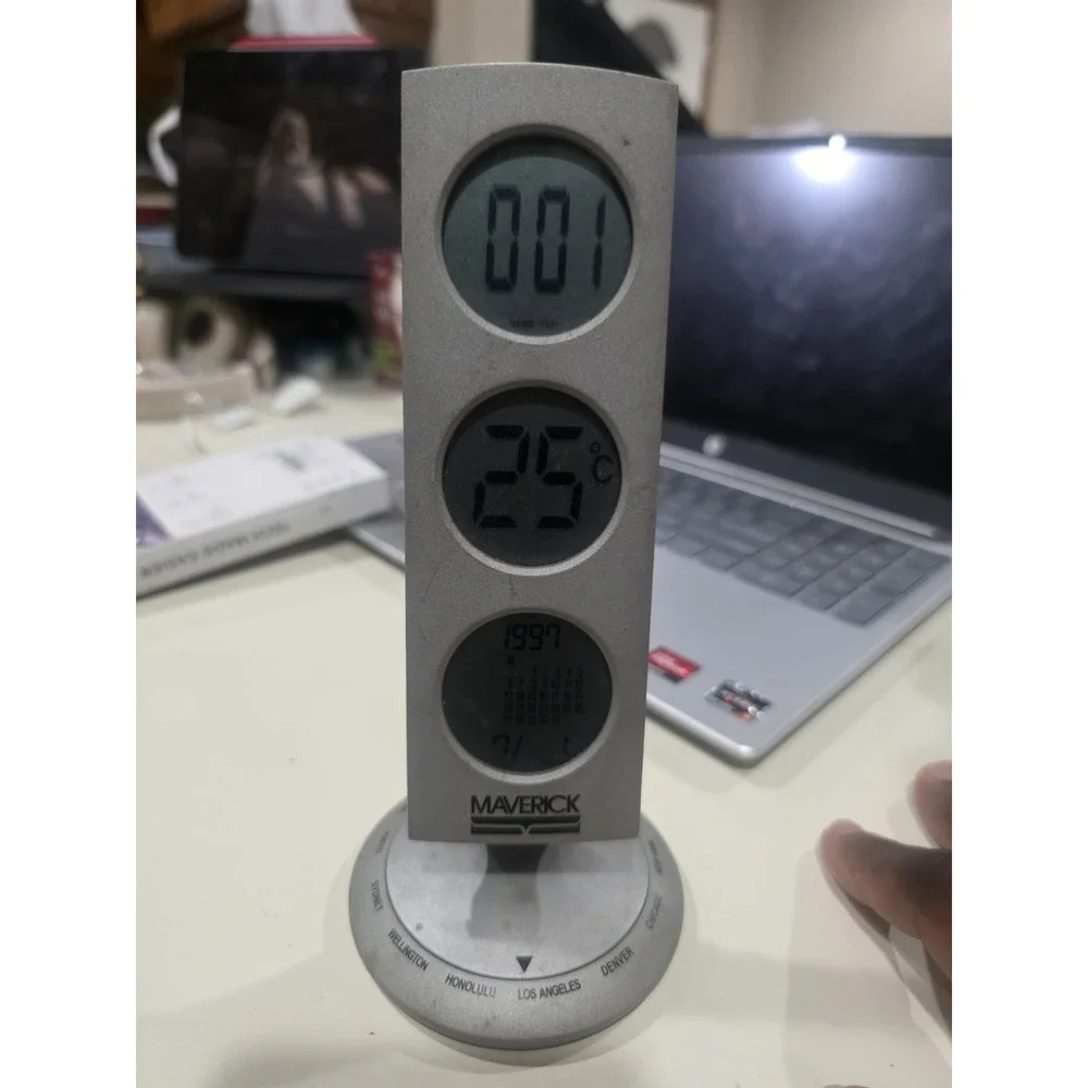 Maverick CL-908 Digital Desk Clock Silver Black World Time Temperature Display